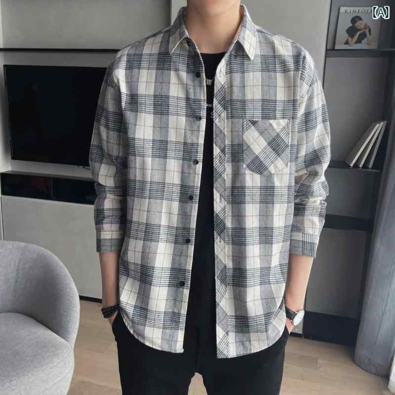 Casual Shirts - メンズ シャツ 長袖 秋冬 トップス 男性用 青年 化繊混紡 抗菌 免烫 色牢度高 韓国風 開衫 ゆったり版型 スタンドカラー 条紋柄 普通厚 明線ステッチ ポリエステル72.4% 洗濯機可 ポリエステル 涼感 デイリー ビジネスカジュアル ブラック ネ