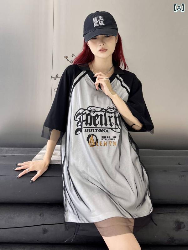 Tシャツ レディース 春夏 ゆったり カジュアル フェイクレイヤード 丸首 プルオーバー 切り替え メッシュ プリント 着痩せ 体型カバー おしゃれ fork-br-11009398 フォークBR サンプル画像2