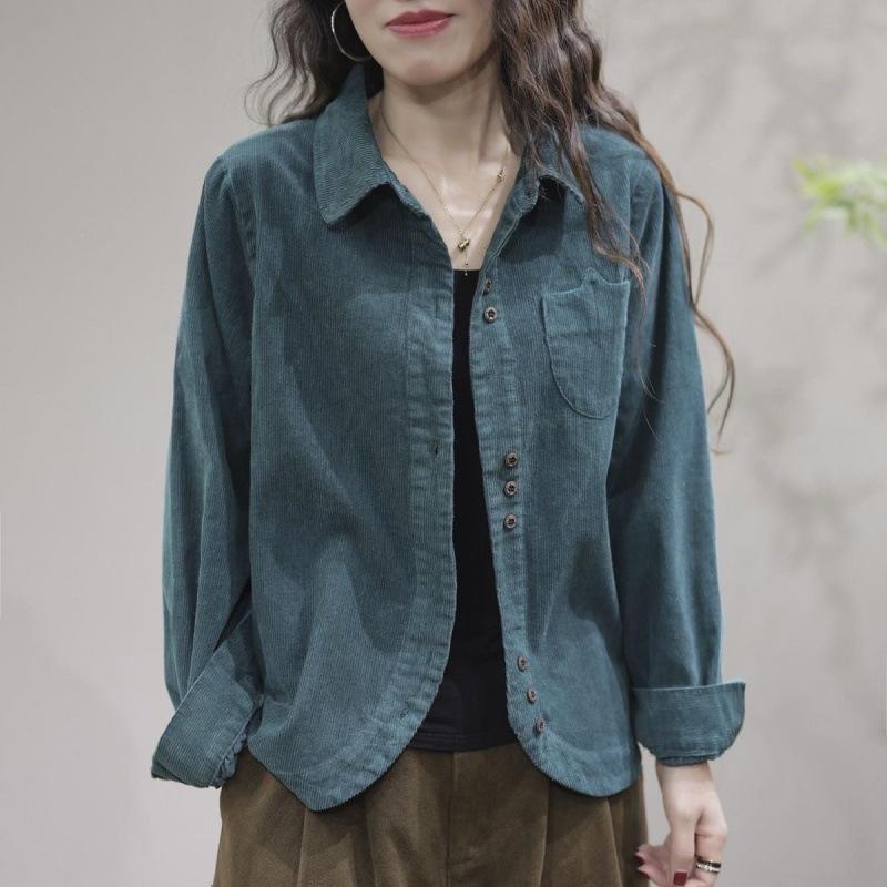 レディース 長袖 シャツ 開衫 灯芯绒 トップス 条紋 格子 柄 灯籠袖 ラウンドネッ...