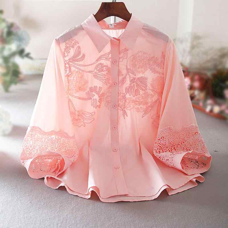 樂天商城 - シャツ 女性用 ピンク ホワイト ブルー 七分袖 灯笼袖 翻领 超短款 刺繍 切り替え デザイン 軽量 伸縮性 接触冷感 私服 御姐風 気質 優雅 ゆるシルエット かわいい 上品 OL風 トップス ブラウス 春夏 通勤 普段使い