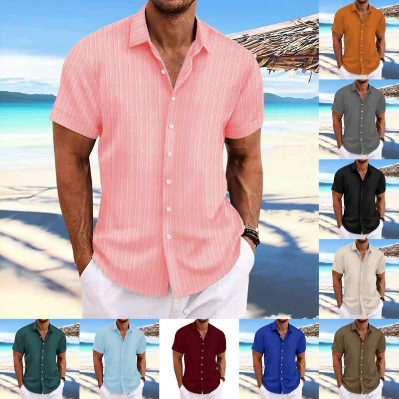 Casual Shirts - メンズ シャツ トップス 男性用 綿麻 条紋 提花 柄 ゆったり シルエット 開襟 長袖 英倫 スタイル 免燙 色牢度 高 軽量 通気性 吸湿速乾 機能 白色 深灰色 ブラック 赤 橙色 深紅 ライトグリーン ダークグリーン ライトブルー ブルー ネイビ