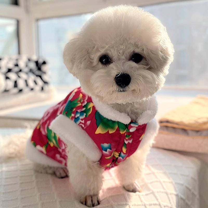 ペット服 秋冬 トレンチコート 犬服 猫服 中綿 唐装 チャイナドレス風 花柄 防寒 暖かい 記念撮影 正月 お祝い 贈り物 お出かけ 散歩用 かわいい おしゃれ 小型犬 テディ ビションフリーゼ ポメラニアン 女の子