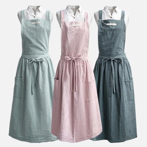 Sommelier Aprons - キッチンエプロン 無袖 防水 綿麻 砂洗加工 接触冷感 軽量 通勤用 家庭用 韓国風 かわいい ビッグシルエット ブラック グレー グリーン カーキ ピンク ブラウン ネイビー ブルー 純色 伸縮性 吸湿速乾 高級感 部屋着 普段使い アウトドア