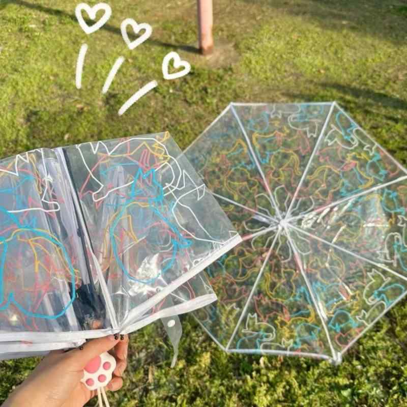 Umbrella - 折りたたみ傘 猫柄 透明 自動開閉 三つ折り 子供用 大人用 加厚 少女用 雨傘 遮陽傘 かわいい デザイン 軽量 涤纶素材 鉄骨 プラスチックハンドル 8本骨 コンパクト 猫爪 プリント 線条 パターン 雨の日 対策 日よけ 通勤 普段使い アウトドア