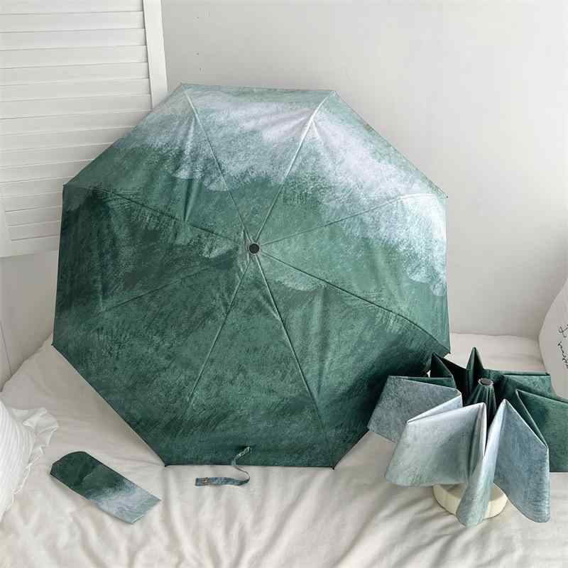 Umbrella - 折りたたみ傘 女性用 自動開閉 防紫外線 防晒 晴雨兼用 軽量 折り畳み 21インチ 8本骨 接触冷感 迷霧森林 柄 半径42cm 鋼製中棒 プラスチックハンドル 190T高密度布 黒膠加工 ステンレス繊維骨 コンパクト ポータブル UVカット UPF5