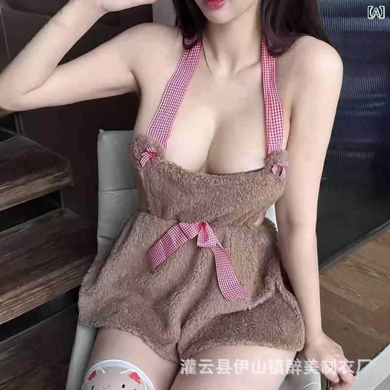 Women'S Underwear - 情趣下着 女性用 かわいい小熊 プリント 背中開き 露出 セクシー セット コスプレ ロールプレイ JK制服 風 ストラップドレス 涤纶 ポリエステル 軽量 伸縮性 通年 ピンク系 ブラック アイボリー 均一サイズ ラブリー デザイン ベッドルーム ファ