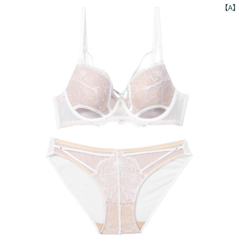 ブラジャーセット 女性用 セクシー レース プッシュアップ 3/4カップ 薄型カップ 固定ストラップ 後ろ二重ホック 透気性 夏季 接触冷感 ニット ポリエステル 白 ピンク ブラック 純欲スタイル 大胸対応 下垂防止 バストアップ 軽量 伸縮性 日常使