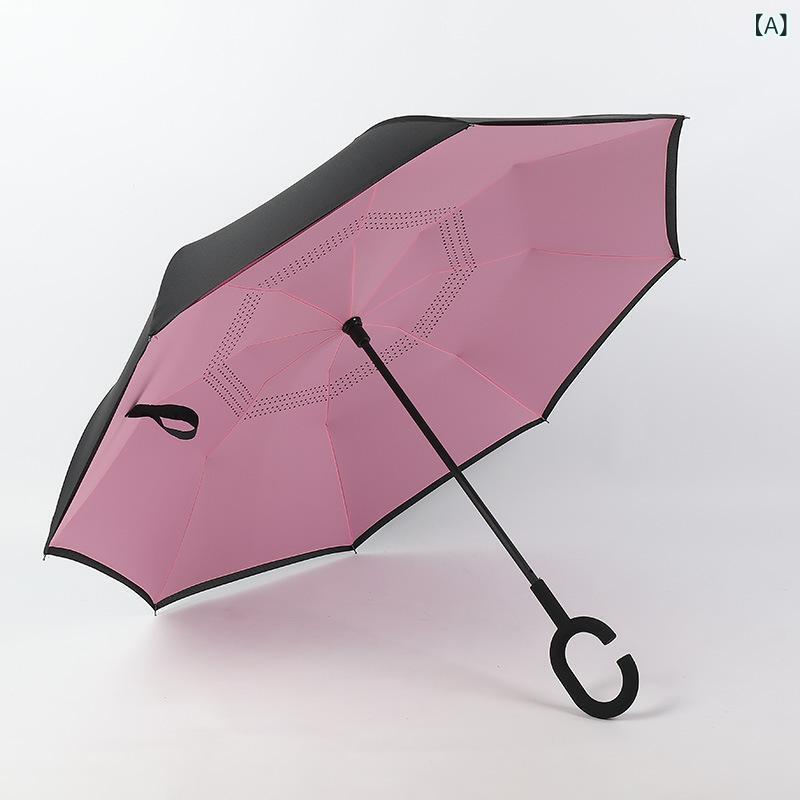 Umbrella - 長柄傘 折りたたみ 逆さ傘 両面防水 ステンレス骨 軽量 耐風 手動開閉 直立式 車内対応 雨晴兼用 UVカット UPF50 ピンク イエロー レッド パープル グレー グリーン ブルー ブラック メンズ レディース 日常使い 防滴 コンパクト シンプル