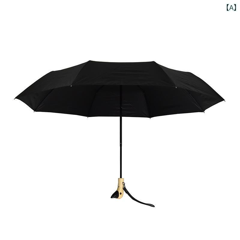 Umbrella - 折りたたみ傘 男女兼用 晴雨両用 かわいい 木製柄 鴨頭デザイン 純色 太陽傘 手動開閉 8本骨 衝撃布 黒膠加工 軽量 コンパクト 収納可能 ブラック ピンク 赤 イエロー 成人向け 通勤 普段使い アウトドア 雨の日 晴れの日 防滴 耐風
