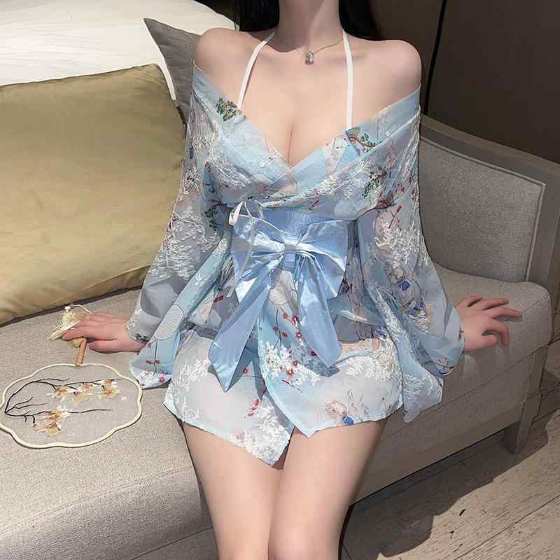 レディース 和服風 浴衣 セット かわいい 少女 スタイル ブルー ピンク フラワープリント 蝶結び アクセント セクシー 寝間着 ルームウェア 軽量 素材 春夏 シーズン コスプレ ロールプレイ 対応