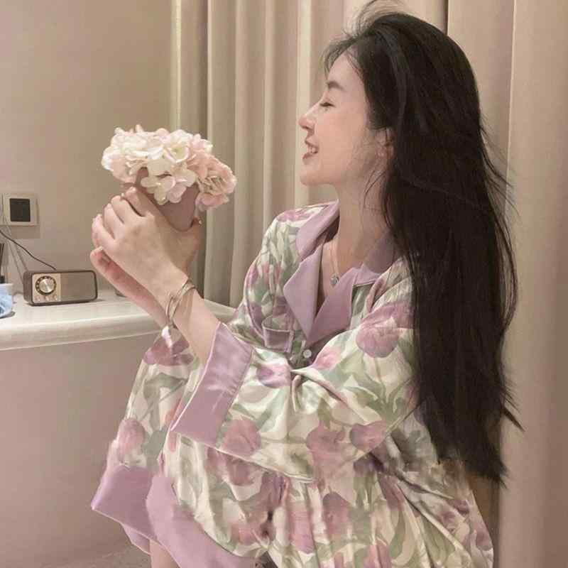 秋冬パジャマセット 女性用 大きいサイズ 接触冷感 切り替え 花柄 チューリップ柄 紫 長袖 長ズボン 薄手 居家 シンプルカジュアル セット 寝間着 ルームウェア 綿混 伸縮性 軽量 ゆったりシルエット トップス ボトムス