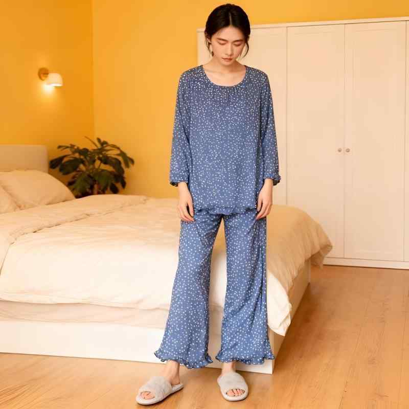 Other - 女性用 ルームウェア セット 桑蚕丝 接触冷感 透気性 快適 春夏 秋 パジャマ トップス ボトムス 丸首 七分袖 九分パンツ プリント柄 フラワー柄 ポルカドット 迷彩柄 ブルー ピンク ブラック アイボリー カジュアル 軽量 ホームウェア 寝間着 イ