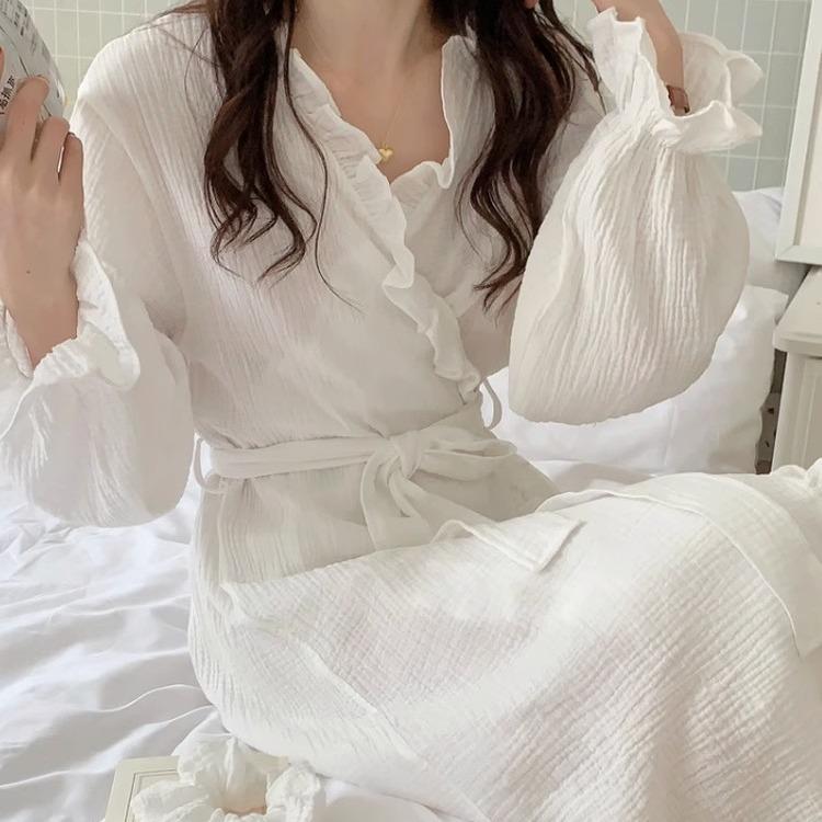 長袖 ローブ 女性用 春秋冬 接触冷感 ポリエステル Vネック ゆったり ロング丈 かわいい ホリエッジ 薄手 無地 トップス ルームウェア 室内着 ゆったり カーディガン スタイル 弾力 快適 軽量 白色 長袖 ゆったり フィット 韓国風 室内外 両用
