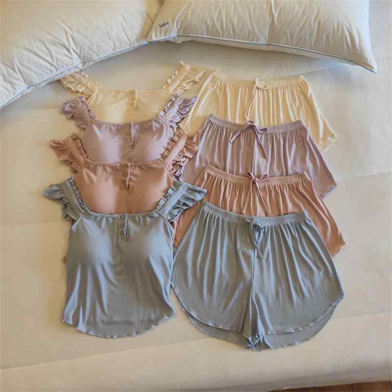 パジャマ 女性用 少女向け 夏用 吊り紐キャミソール 短パン セット モダール 薄手 方領 無袖 接触冷感 吸湿速乾 かわいい ピンク ブルー ベージュ パープル カラー展開 室内着 部屋着 快適 リラックス 軽量 伸縮性 ホームウェア ルームウェア か