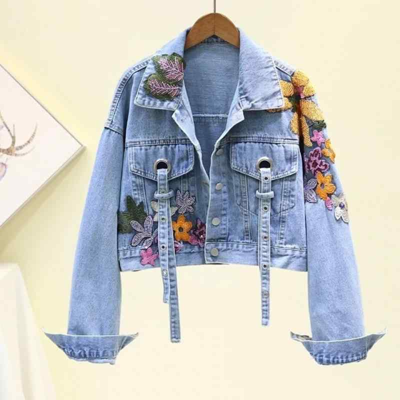 樂天商城 - レディース コート 牛仔ジャケット 短丈 無袖 直筒シルエット 花柄刺繍 3D立体模様 ビーズ刺繍 網纱素材 切り替えデザイン 学院風 かわいい 軽量 中厚 ブルー 春夏 秋冬 通勤 普段使い カジュアル