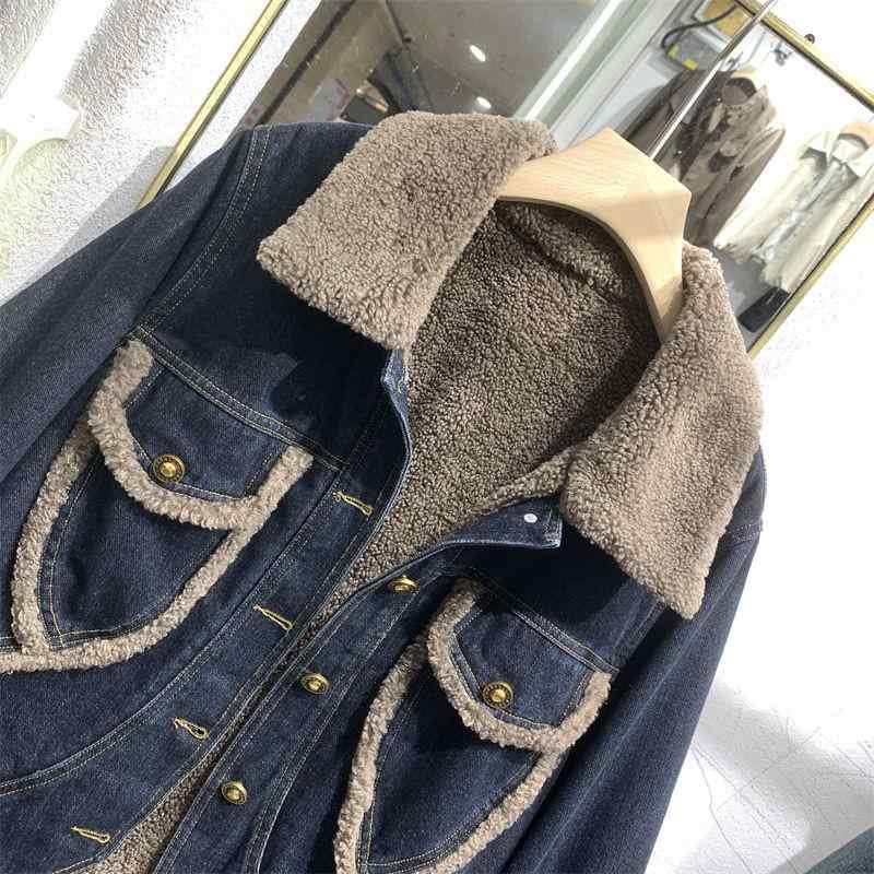 乐天商城 - レディース 牛仔ジャケット 秋冬 暖か 加厚 羊毛風 ライナー 切り替え デザイン ポロカラ 長袖 ルーズフィット コットン デニム 素材 単色 無地 シンプル カジュアル スタイル 港風 インスパイア ショート丈 トップス 厚手 暖かみ 吸湿性 速乾