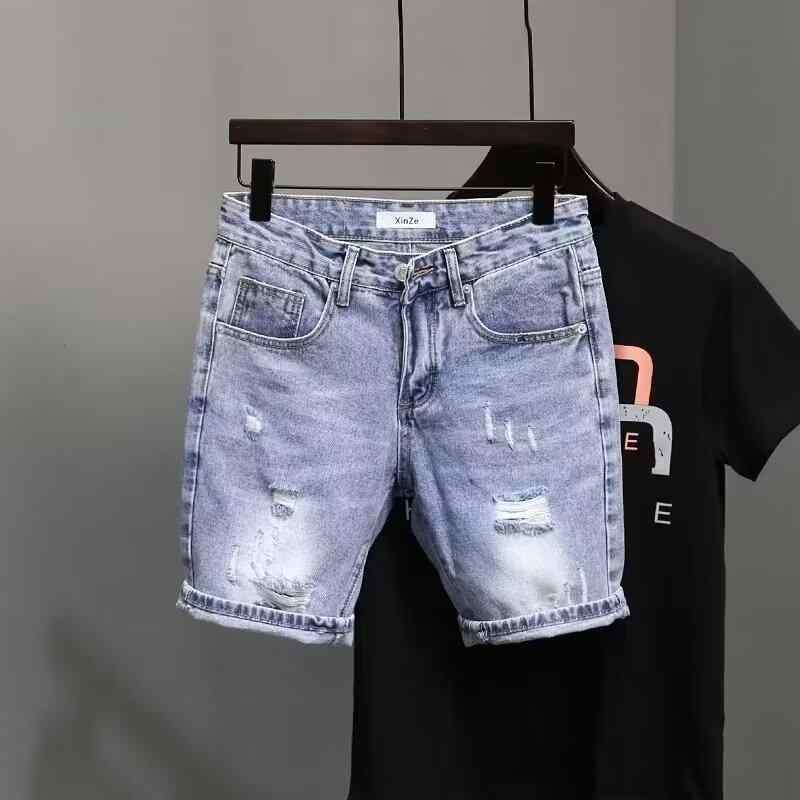 メンズ デニム ショーツ 修身 直筒 5分丈 夏季 薄手 中間丈 牛仔 ブルー ブラック ヒップホップ スタイル コットン ミックス ポリエス..