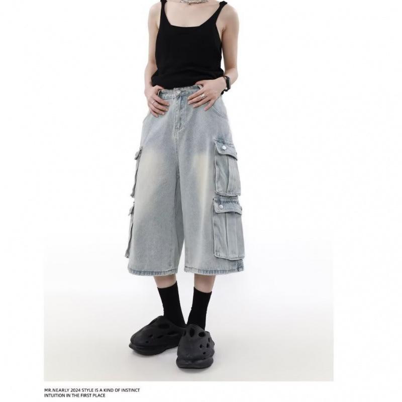 Rakuten - メンズ デニム 七分丈 ワイドパンツ ビンテージ ストレート ゆったり 夏 コットン ブルー 軽量 微弾性 多ポケット 工装風 カジュアル ストリート 普段使い アウトドア