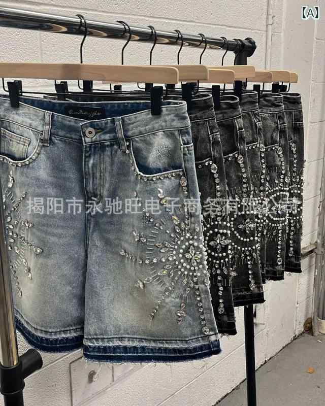 乐天商城 - メンズ デニム ショートパンツ ヒップホップ スタイル 直筒型 微弾性 コットン 混紡 夏用 ブルー グレー 半円 ジルコニア 装飾 ゆったり シルエット ストリート ファッション 普段使い 軽量 吸湿速乾 機能 個性 強調 デザイン