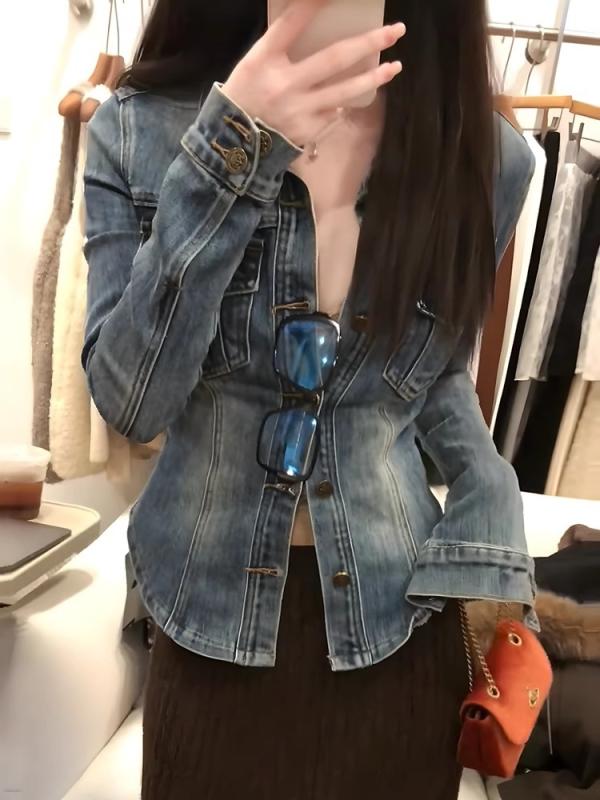 レディース コットン 牛仔 シャツ トップス ポロカラー 修身 収腰 ブルー 長袖 短丈 秋冬 春季 休闲 街頭 カジュアル スタイル 高級感 軽量 吸湿速乾 ハイウエスト ビッグシルエット Vネック デニム 再生繊維 接触冷感 普段使い 通勤用 アウト