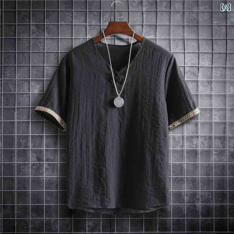 Rakuten - メンズ Tシャツ 短袖 綿麻 薄手 ゆったり Vネック 無地 日式レトロ 合体型 セットインスリーブ 夏用 軽量 吸湿速乾 イージーケア 普段使い ブラック ホワイト アイボリー ライトブルー ピンク ワインレッド グレー ネイビー