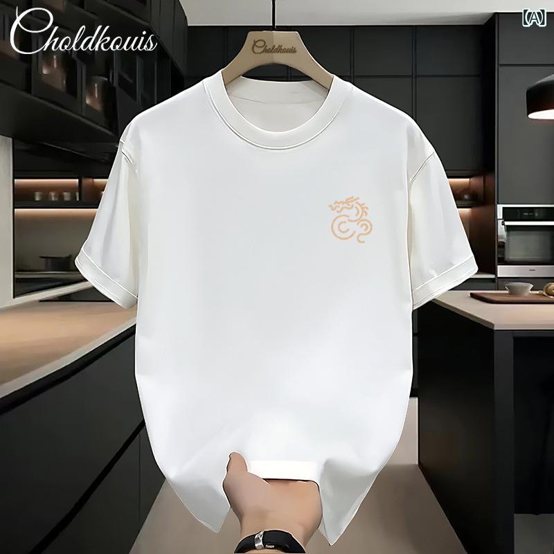 Other - Tシャツ メンズ 短袖 トップス 綿素材 丸首 ゆったり 落肩袖 透気性 プリント 幾何柄 夏 春 日常 カジュアル 白色 彩色 紺色 黒 茶色 カーキ グレー 緑 グレー系 青少年 成人 普段使い 吸湿速乾 軽量 ビッグシルエット
