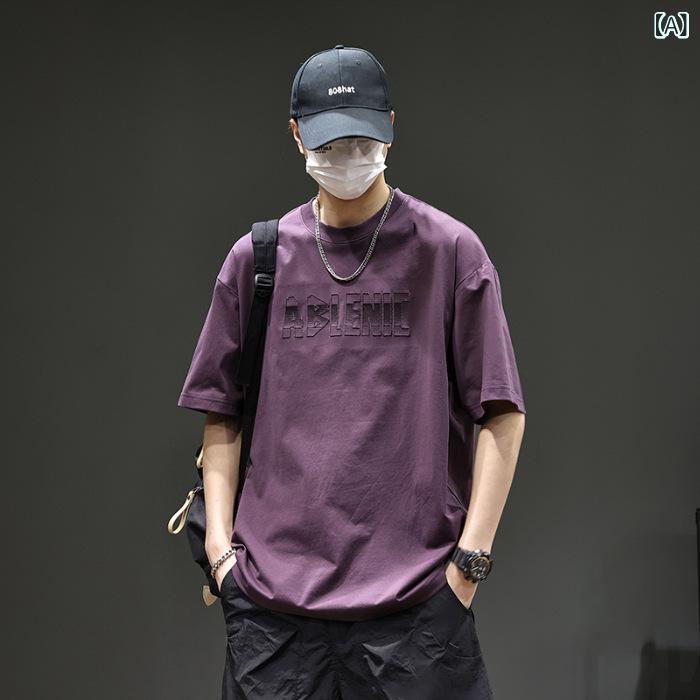 樂天商城 - メンズ Tシャツ 短袖 丸首 接触冷感 コットン混紡 トップス ゆったり 落肩袖 プリント柄 文字柄 レトロ風 薄手 夏用 通気性 吸湿速乾 紫色 白色 黒 ワインレッド ブラウン カジュアル 青年向け