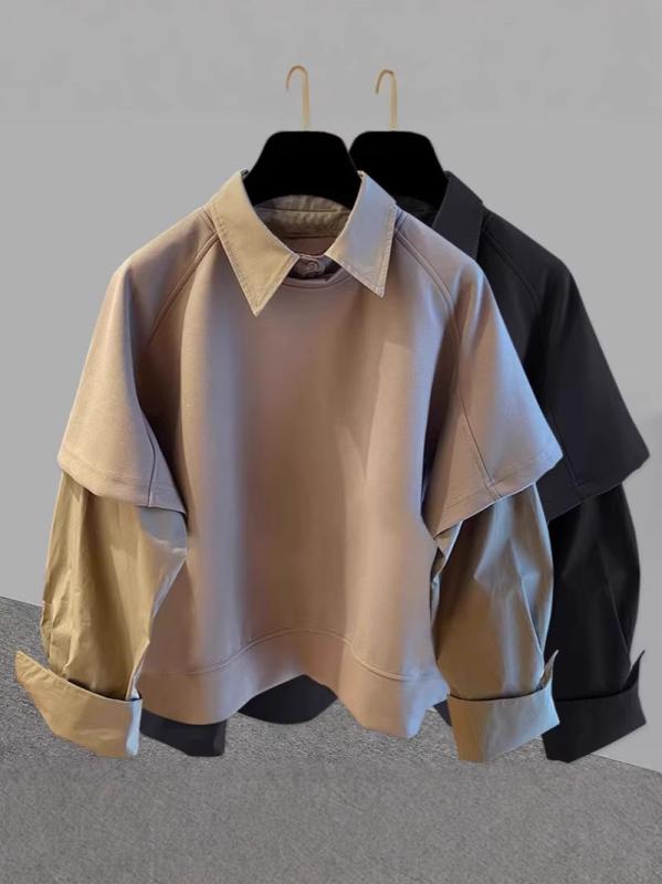 Casual Shirts - メンズ トップス シャツ 長袖 翻領 切り替え セットアップ 風 ゆったり シルエット 純色 免アイロン ポリエステル 混紡 日常 普段使い ブラック 卡其色 春夏秋冬 通年