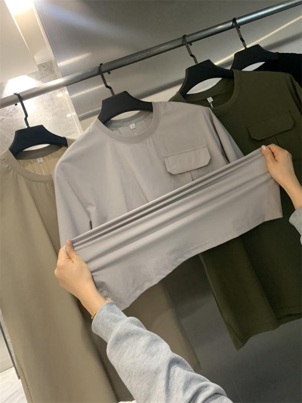 メンズ Tシャツ 短袖 丸首 合体型 薄手 ナイロン素材 透気性 純色 作業着風 ポケット 洗い加工 復古 風合い 軽量…