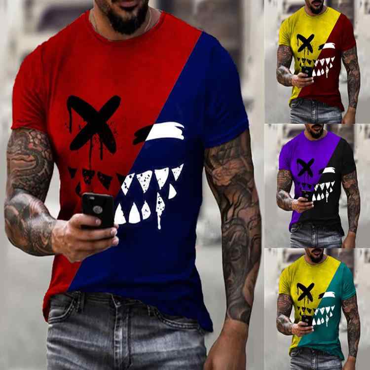 乐天商城 - メンズ Tシャツ 短袖 ラウンドネック トップス シャツ 切り替え スマイル柄 3Dプリント 迷彩柄 鳥眼布 ポリエステル 涼感 軽量 ゆったりシルエット 春夏 春 夏 カジュアル 普段使い 青年向け