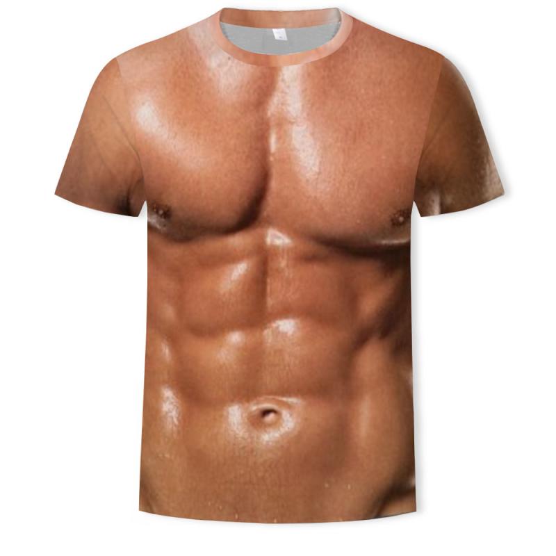 メンズ Tシャツ 短袖 トップス 筋肉プリント 3D 数码印花 デザイン 接触冷感 再生繊維 速乾 機能 素材 夏用 季節 アイテム ゆったり シルエット ワイド タイプ 無地 ベース プリント柄 筋肉男 モチーフ 丸首 ネック デザイン 袖 通常 タイ