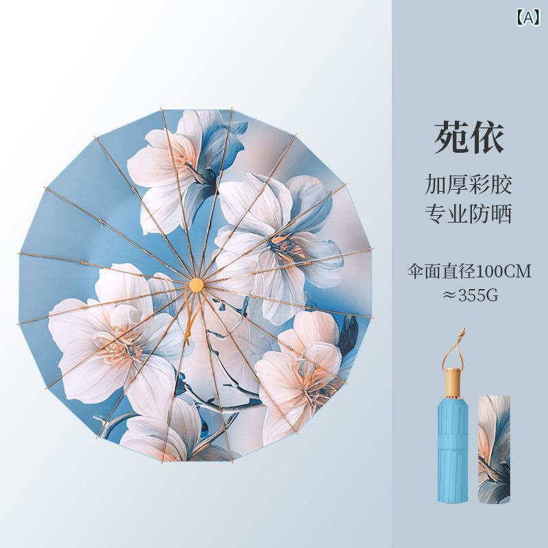 ・スタイル: 現代簡約・形状: 太陽傘・適用: 女性・重さ: 約355g・カラー展開: 加厚彩膠（苑依）、加厚彩膠（紫芝）、加厚彩膠（彤藝）、加厚彩膠（沐迎）、加厚彩膠(緑清)・半径: 50-55cm・布地: 衝撃布・布地密度: 190T・骨: 合金・柄: ゴム・中棒: 鋼・骨数: 16本・開閉: 手動・UV: UPF50以上