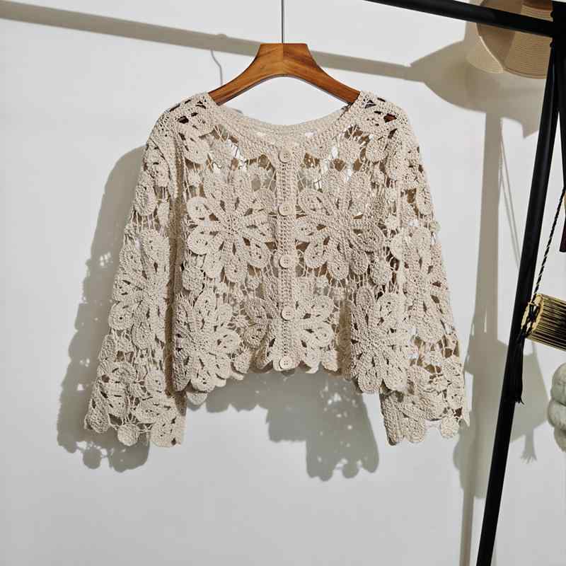 カーディガン メンズ 春夏 薄手 綿 素材 長袖 開き デザイン ボヘミアン 風 クロシェ 刺繍 レース 風 透け感 編み込み トップス 気質 スタイル 通勤 普段使い 優雅 な エレガント 杏色 ピンク系 アイボリー ベージュ カラーバリエーション 軽