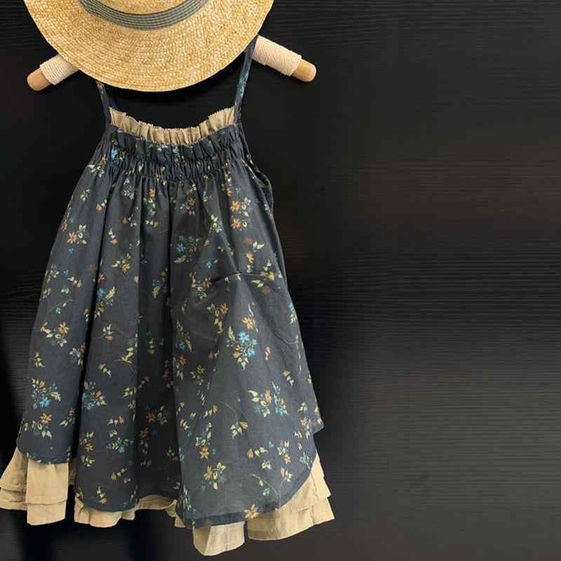 Other - 女児 ワンピース 女の子用 キッズ 吊帯 無袖 夏用 復古風 花柄 スカート フレア 不規則裾 かわいい 軽量 涼しい 混紡 ポリエステル 柔軟 素材 田園 スタイル 子供服 ベビー ガールズ トップス ドレス ピンク系 アイボリー 花 プリント 日常着