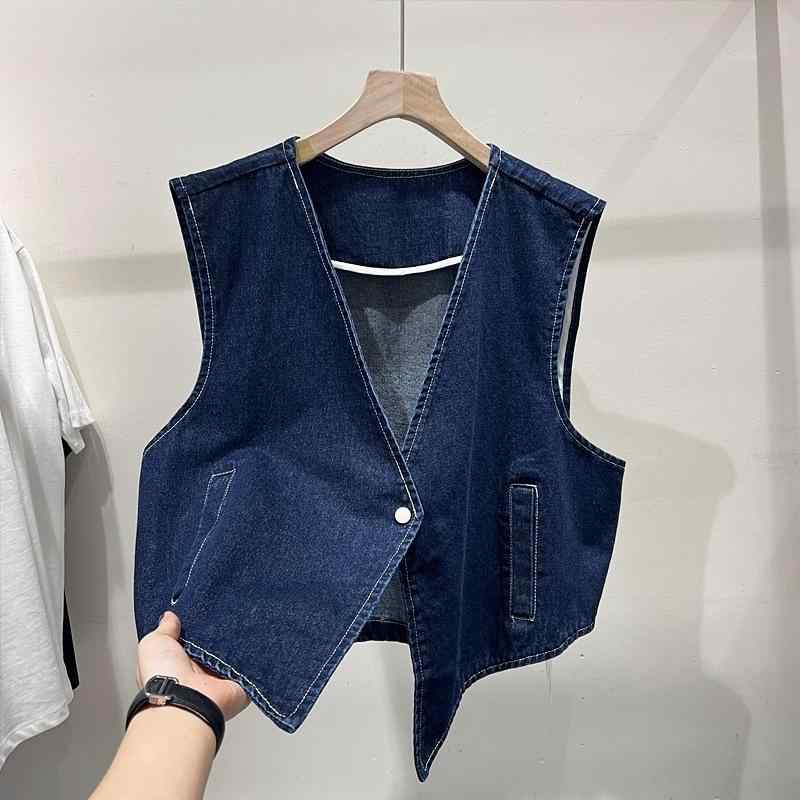 レディース 馬甲 外套 春夏 牛仔 ジャケット トップス ワンピース風 デザイン 気質 通勤 スタイル 都市 風 女性用 甘め 清新 スタイル 口袋 アクセント 掛け襟 タイプ 切り替え カラーリング 普通丈 袖なし 軽量 デニム 素材 ブルー 色 ハイ