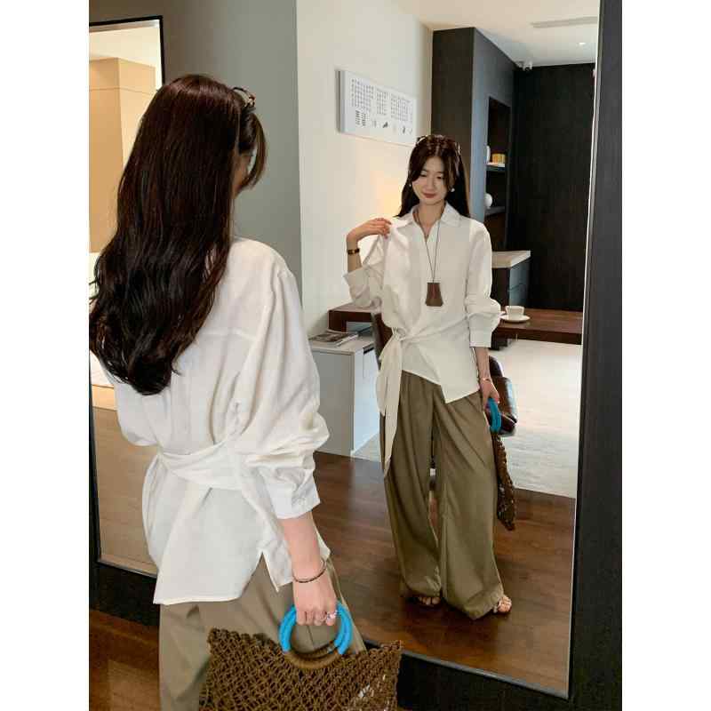 Other - シャツ 女性用 春夏 通勤風 レイヨン素材 長袖 ワイドシルエット ポロカラー 結び紐デザイン 無地 セットインスリーブ 気質 ライトウェイト 接触冷感 吸湿速乾 ホワイト ネイビー