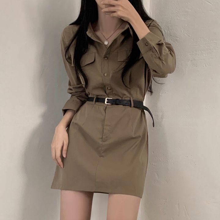 원피스 레이디스 긴소매 단장 전환 디자인 하이 웨스트 웨스트계 벨트 부속 공장풍 밀리터리 스타일 가두 트렌드 폴리에스테르 섬유 소재 그레이 블랙 카키 색 가을 겨울 계절 단체 세트 개성 패션 흡습 속건기