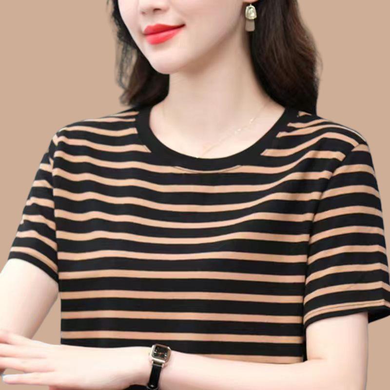 乐天商城 - Tシャツ レディース 夏 短袖 純棉 綿 ストレッチ 条紋 格子 切り替え 撞色 ルーズフィット 大きめサイズ ゆったり 体型カバー 隠れお腹 丸首 セーター トップス かわいい 爽やか 甘め 快適 日常使い 軽量 吸湿速乾 ベーシック ブラウス シャツ