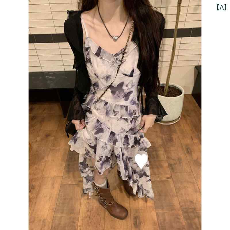 ワンピース 女性用 夏 吊り帯 Aライン スカート 蝶々柄 花柄 プリーツ レイヤード フリル 裾 ハイウエスト スリム スリット ロング 麻素材 無袖 接触冷感 軽量 街頭風 かわいい 杏色 ピンク系
