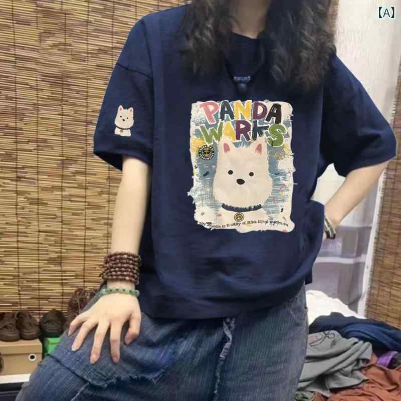 樂天商城 - Tシャツ レディース 夏 綿 100% 短袖 丸首 ゆったり 大きいサイズ マイクロプルス かわいい プリント インナー トップス インナー ルームウェア ベーシック トップス ネイビー ホワイト グレー ブラック ピンク ベージュ