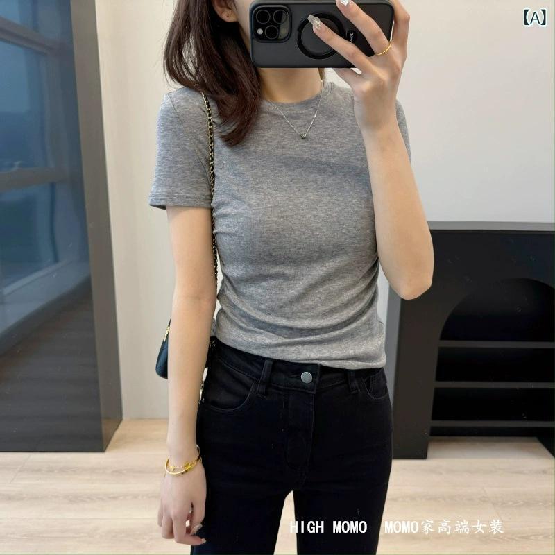 Rakuten - Tシャツ 女性用 春夏 短袖 ラッセル混紡 羊毛混紡 丸首 イレギュラーヘム 収腰 切り替え プレーンカラー 日常着 インナー トップス 軽量 柔らかい肌触り 吸湿速乾 通勤 外出 カジュアルスタイル ブラック グレー系 カーキ系