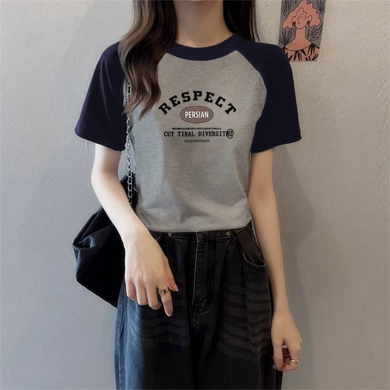 Rakuten - Tシャツ レディース 夏 接触冷感 コットン ストレッチ 素材 短袖 修身 フィット ラウンドネック インパクト プリント 柄 カラーブロック 切り替え デザイン グラフィック レタリング 文字 プリント シンプル カジュアル スタイル 通勤 気質 スタ