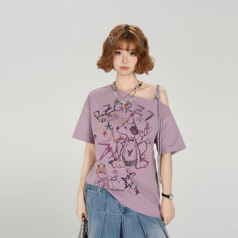 乐天商城 - Tシャツ 女性用 夏 春夏 紫色 肩出し 短袖 トップス グラフィティ プリント 綿ポリエステル 接触冷感 バインダー デザイン ゆったり ルーズフィット ストリート ストリートスタイル グラフィック ストリートファッション