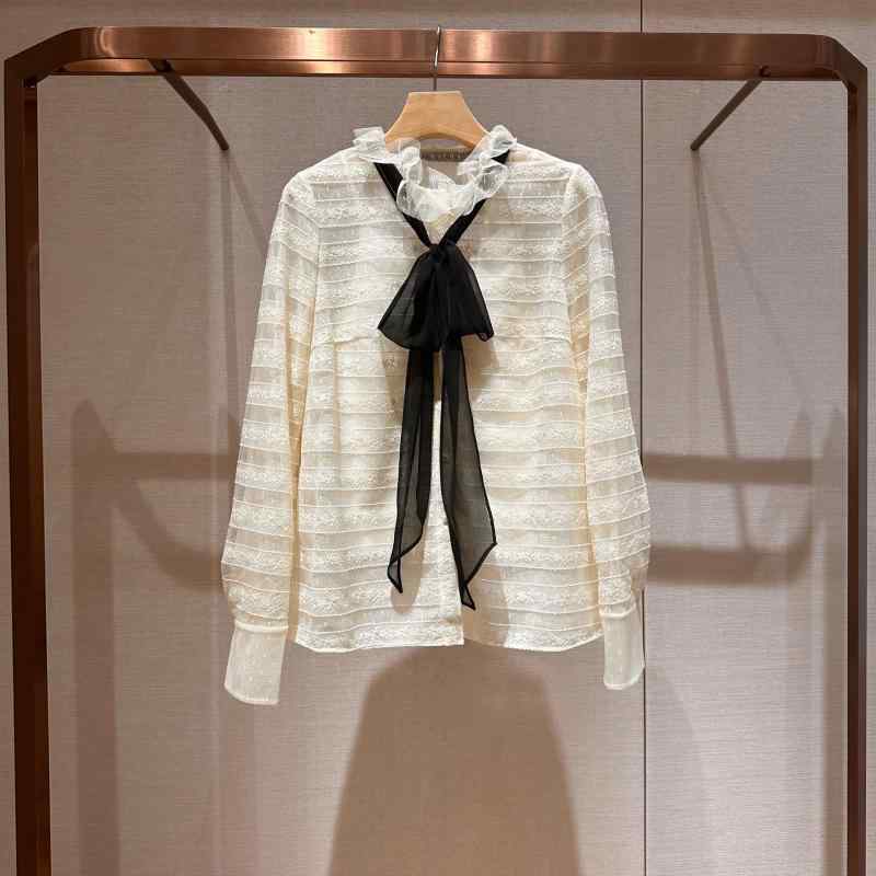 Other - シャツ 女性用 長袖 シングルブレスト 花辺 リボン レース トップス 通勤用 気質スタイル ソフトサテン ポリエステル プレーツ ベージュ 春季 切り替え 純色 スカーフカラー ベーシックシルエット