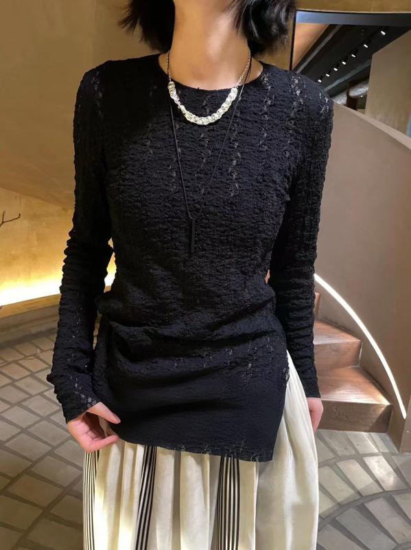 ニットトップス 女性用 長袖 レースインナー 接触冷感 薄手 修身 3D効果 切り替え 丸首 セットインスリーブ 街頭スタイル 米色 ブラック ポリエステル ナイロン ガーゼネット 空洞加工 通勤 普段使い 軽量 伸縮性 吸湿速乾 春夏 秋冬