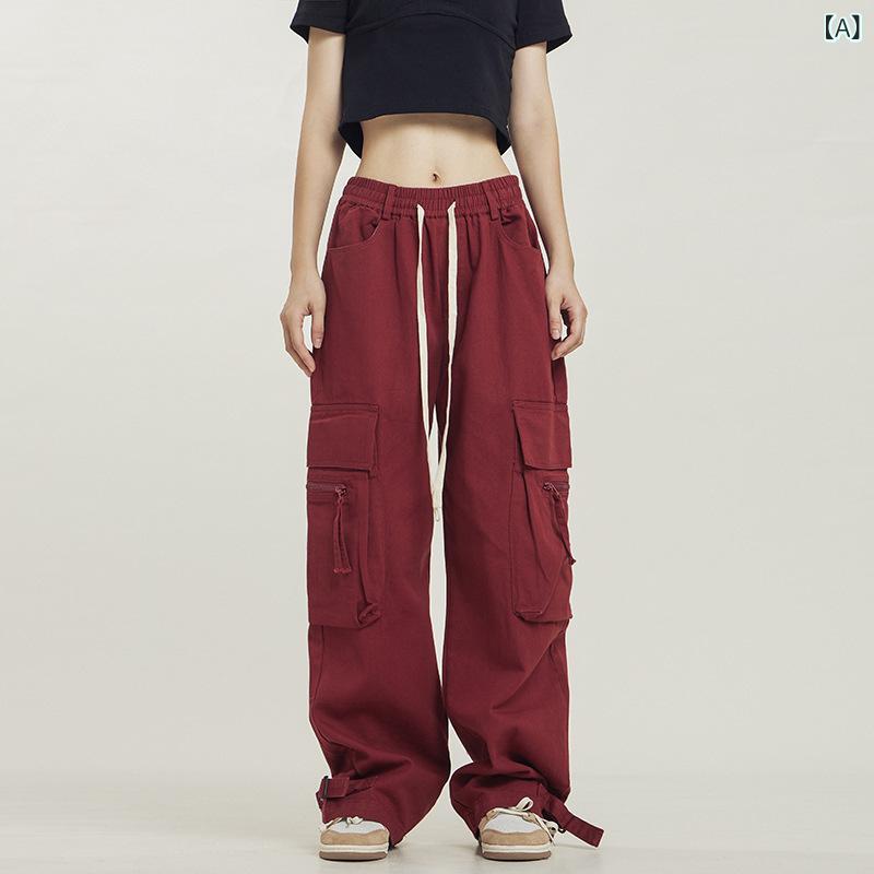 レディース ワイドパンツ 工装パンツ ゆったり ストレート ミッドライズ ロング丈 赤 黒 ポケット デザイン 街頭スタイル 個性 ポリエステル 混紡 中厚手 無弾性 アイロン不要 加工 カジュアル 普段使い ゆったりシルエット トレンド アイテム 2