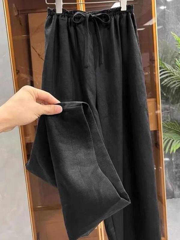 樂天商城 - レディースパンツ 女性用 天然リネン 接触冷感 白色 ハイウエスト ワイドレッグパンツ ロング丈 ゆったりシルエット 微弾性 ポケット付き 切り替えデザイン 軽量 通勤 普段使い 春夏 ブラック カジュアルスタイル