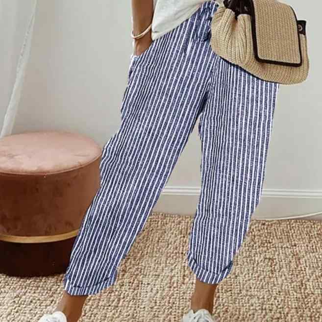 Cropped Pants - レディース 条紋パンツ ワイドレッグ ロングパンツ 松緊腰 ストライプ柄 夏用 ポリエステル 無伸縮 快適 ゆったりシルエット 日韓カジュアル ブラック グレー レッド ブルー グリーン カーキ 普段使い 軽量 吸湿速乾 ストリートファッション シンプル