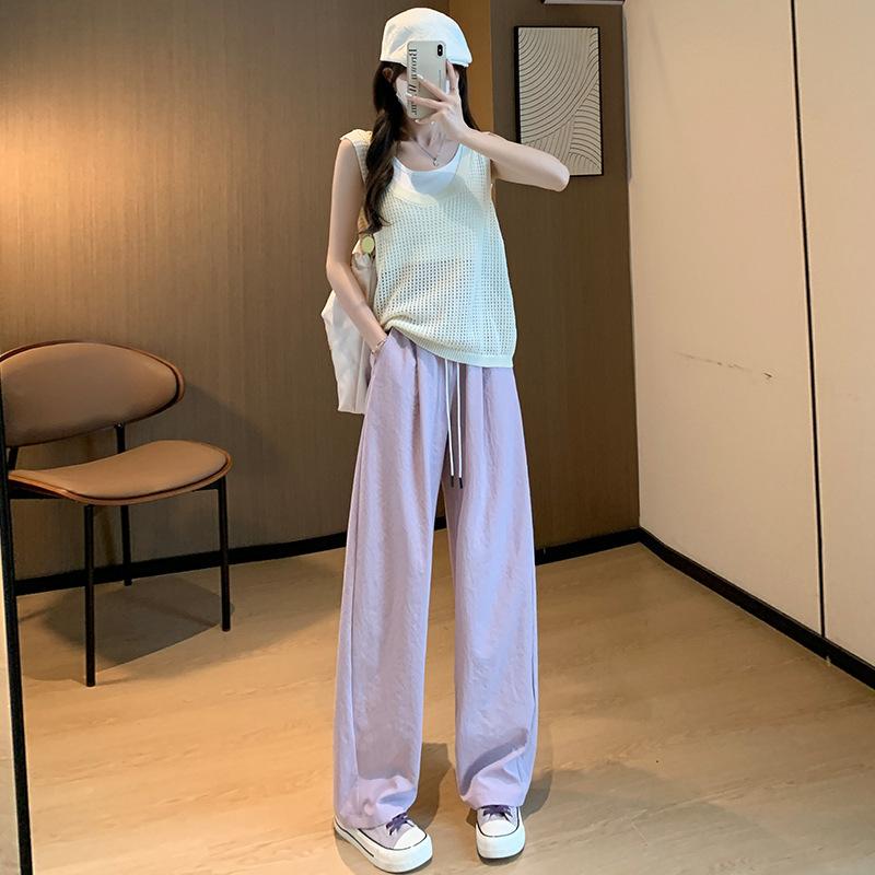 レディースパンツ 春夏 接触冷感 薄手 ポリエステル混 スパンデックス混 高腰 ワイドレッグ 直筒 ロング丈 垂れ感 スリム効果 肌触り良い ポケット付き 切り替えデザイン 紫色 カーキ グレー ブラック 日常使い 軽量 ゆったりシルエット