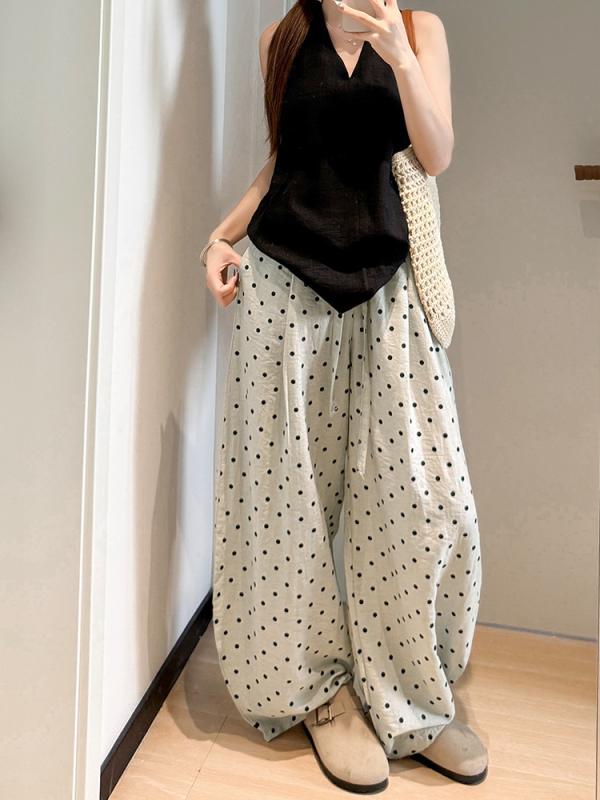 レディース 夏用 麻パンツ 接触冷感 薄手 基本款 ワイドレッグ ロングパンツ 松緊腰 高腰 ゆったり スリム効果 ポルカドット プリント カーキ ブラック ホワイト 微弾性 日韓カジュアル 切り替え 再生繊維 粘着繊維 軽量 吸湿速乾 普段使い アウト